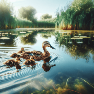 カルガモの親子が大きな池を泳いで渡っている様子の画像