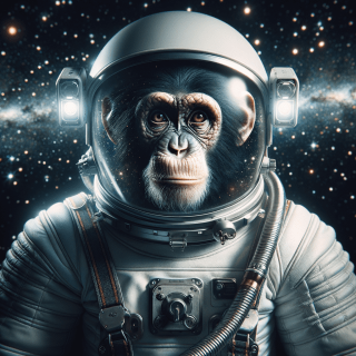 猿が宇宙服を着て宇宙遊泳している様子の画像