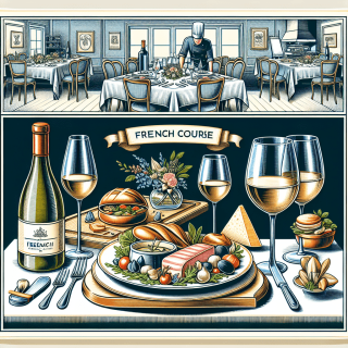 おしゃれなフレンチのコース料理　白ワイン　イラスト