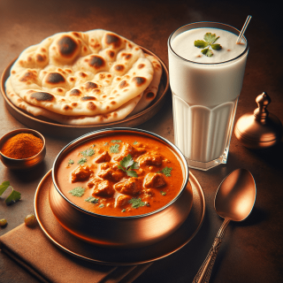 レストランで提供しているカレーとナンとラッシーの写真