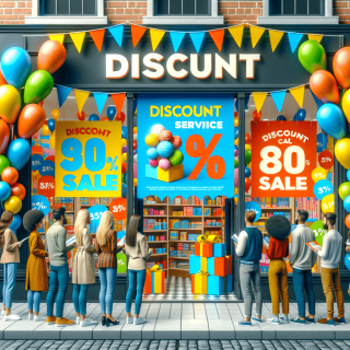 小売りのお店が割引サービスのチラシを宣伝している様子