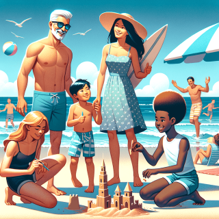 海岸で海水浴を楽しんでいる家族連れの人々