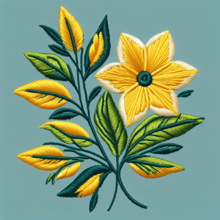 一輪の花を黄色の糸と緑色の糸で刺繍したイラスト