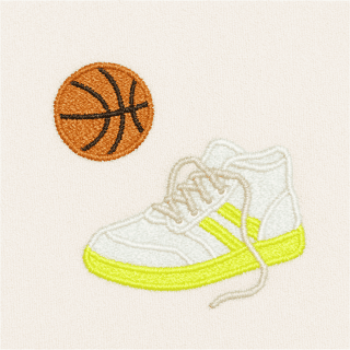 白背景の中に、バスケットボールとバスケシューズを刺繍したデザインをバランスよく配置して作成