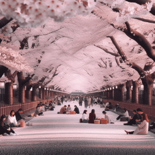 東京の桜並木の風景　花見をする人々