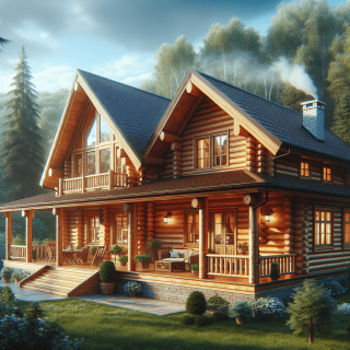 きれいな2階建てのログハウスの写真