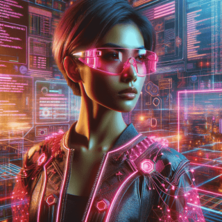 未来のサイバー世界にいるピンクのサングラスをかけている女性