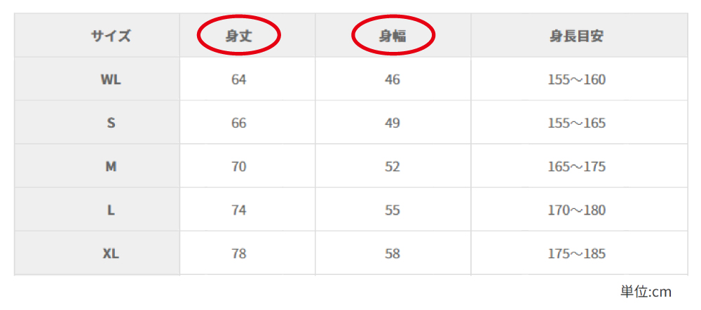 ウェアサイズ表