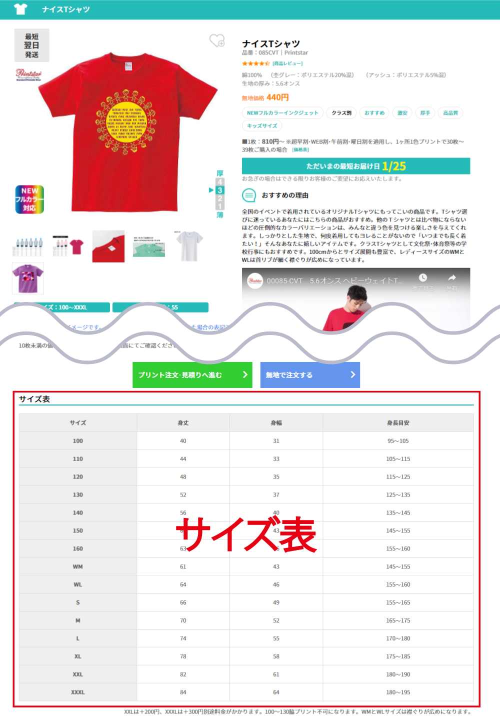 サイズ表の位置について