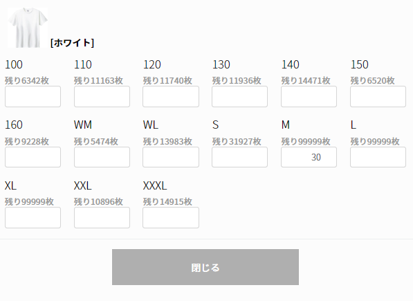 ご注文内容の入力 サイズ